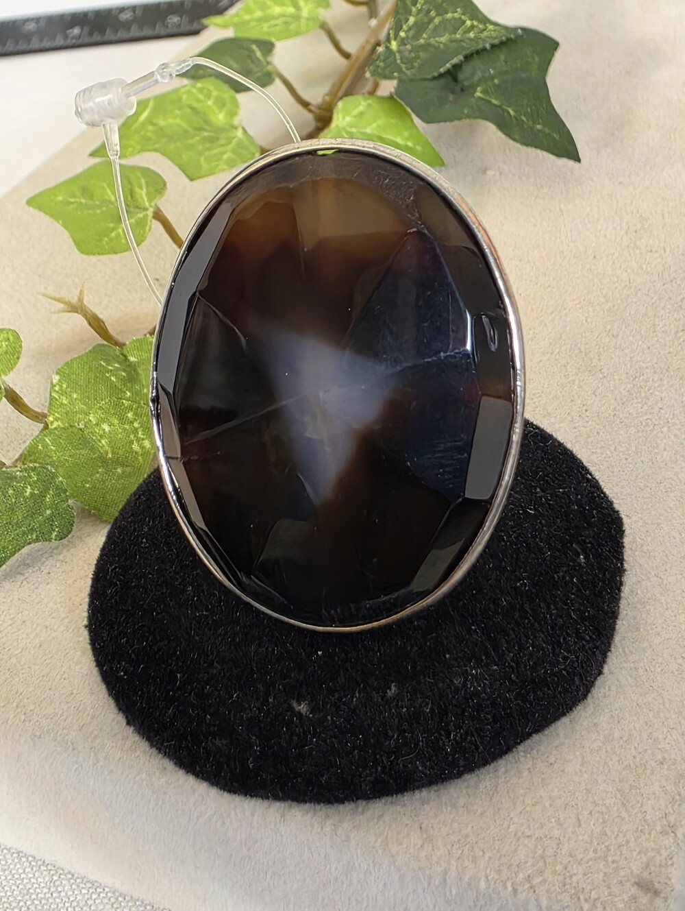 Statement Vintage Brown Glass Oval Ring Silver Tone Wide Adjustable Band